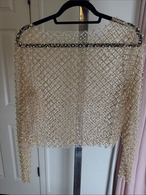 vestique Beaded Pearl Sheer Off-the-Shoulder Gold - Cream